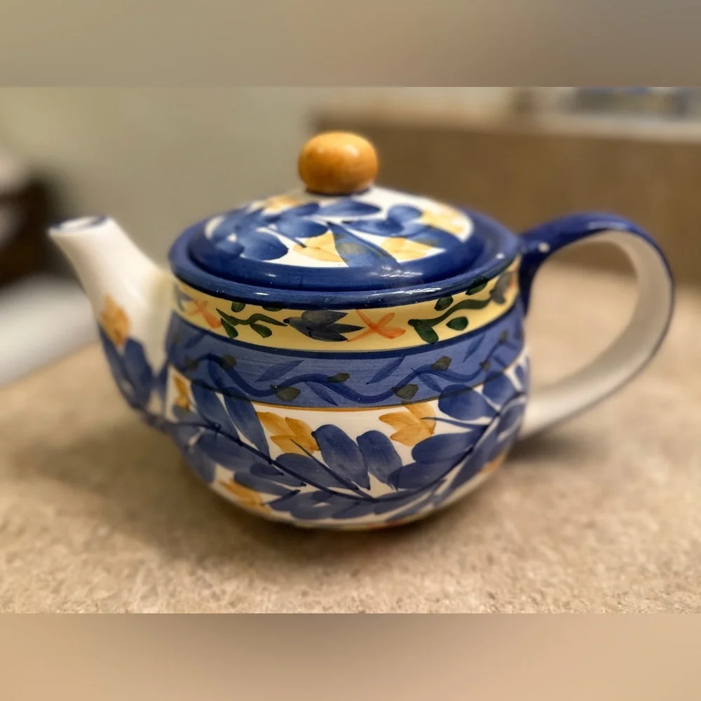 Bloom-Rite Ceramic Blue & Gold Teapot - Picture 1 of 11